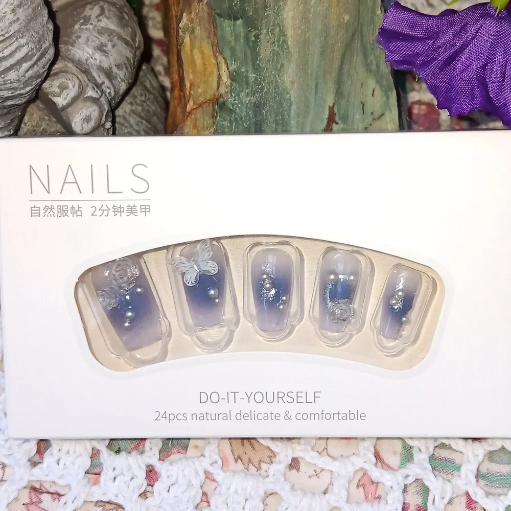 🆕️$6 OR 2 FOR $10~BLUE AURORA BUTTERFLY 24 DESIGNER PRESS~ON NAILS